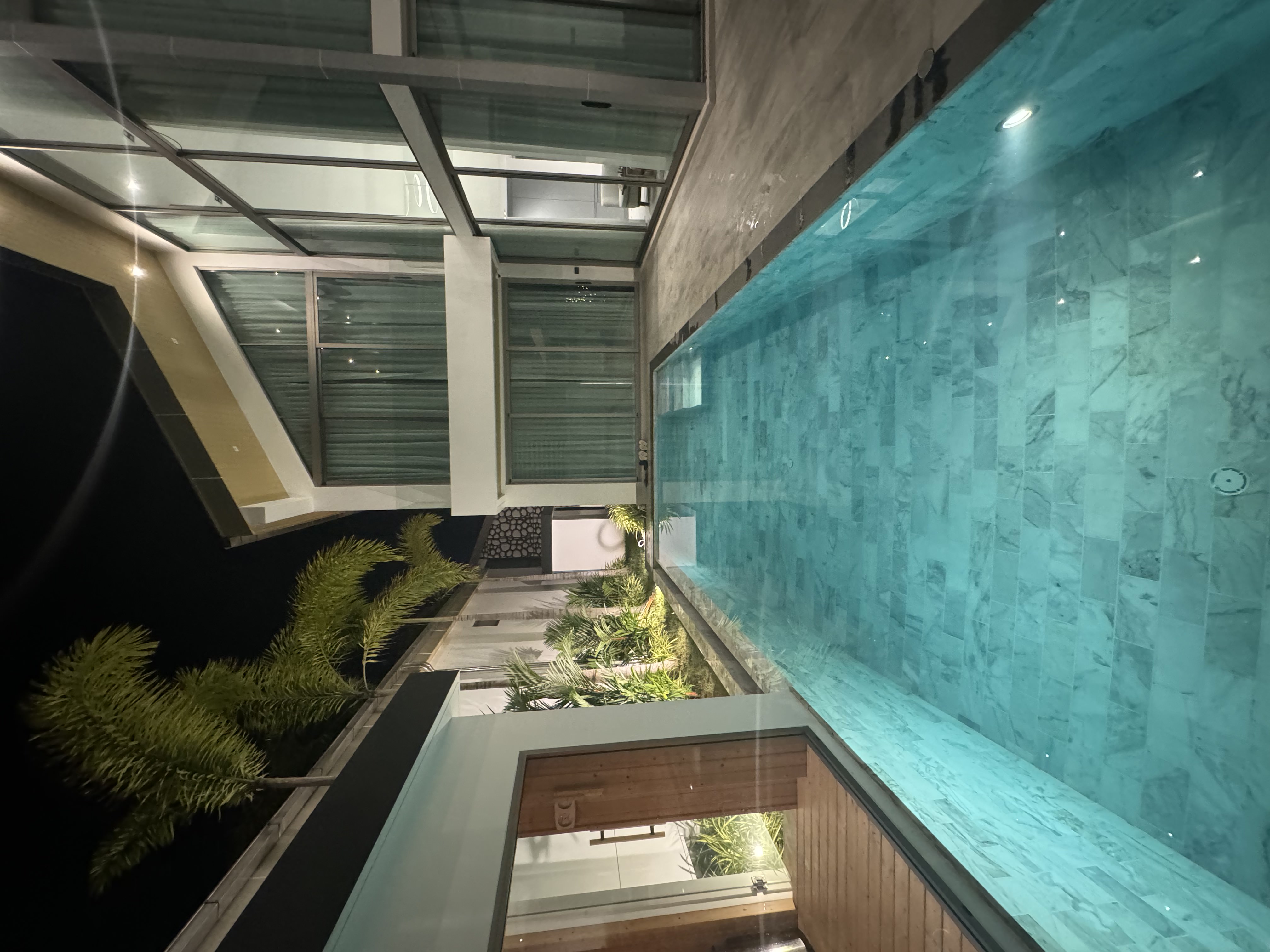 Nighttime view of the infinity pool with tropical landscaping